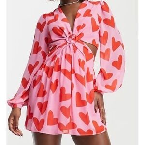 Style Cheat Balloon Sleeve Mini Dress Red Pink Hearts Womens Size 6 Retro NWT